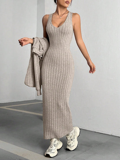 Cropped Hooded V-Neck Dress Set