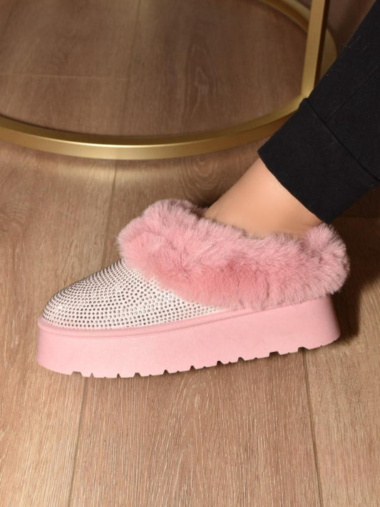 Embellished Faux Fur Platform Shoes _ Pink